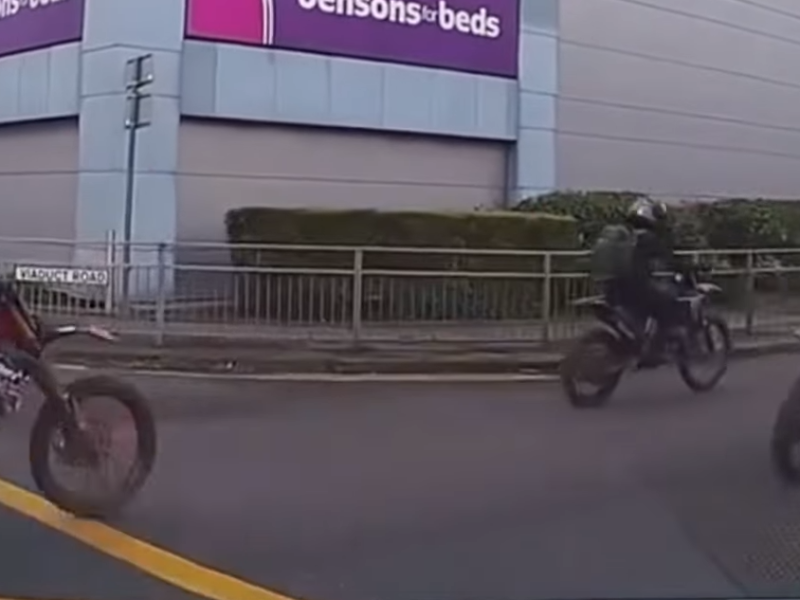 Off road bikers caught on dash cam riding through red lights in the Broadheath
